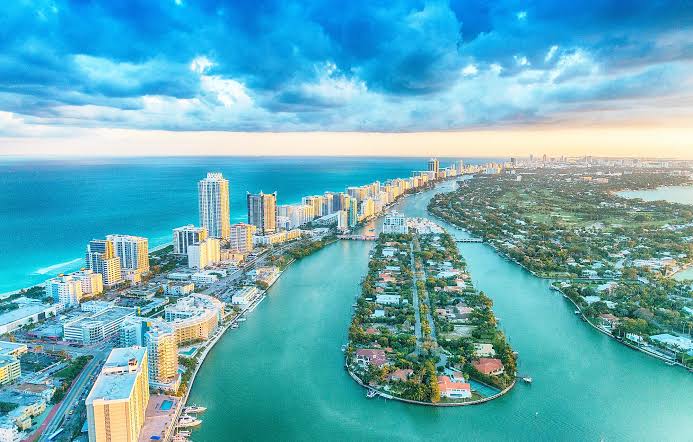 Miami Beach aerial view with ocean and skyline